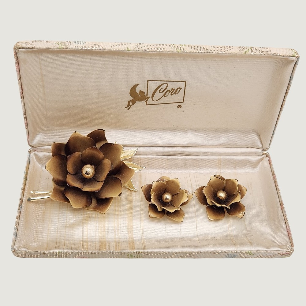 Vintage Coro Enamel Flower Brooch Clip On Earrings Set Brown Gold Tone With Box